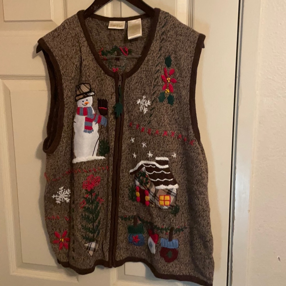 Bobbie Brooks Brown Ugly Christmas Holiday Winter Zippered Sweater Vest Sz XL
